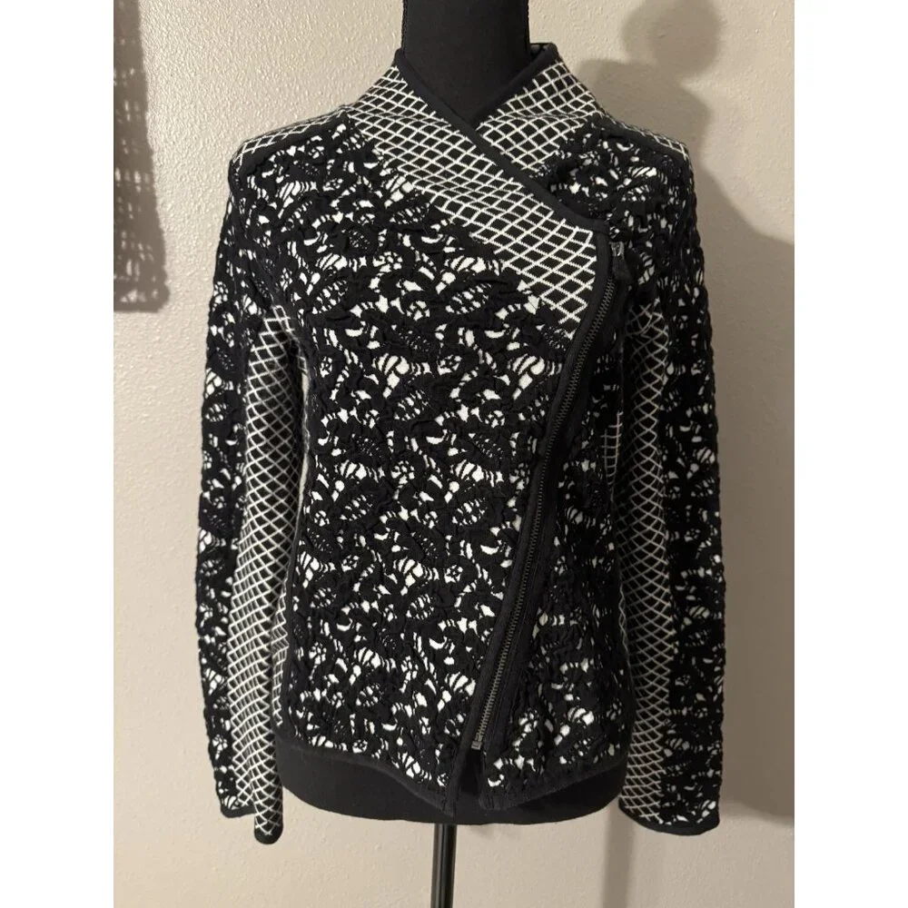 Moth Shawl Cardigan Sweater S Small Black Ivory Stretch Cotton Zip Foldover - Picture 14 of 14
